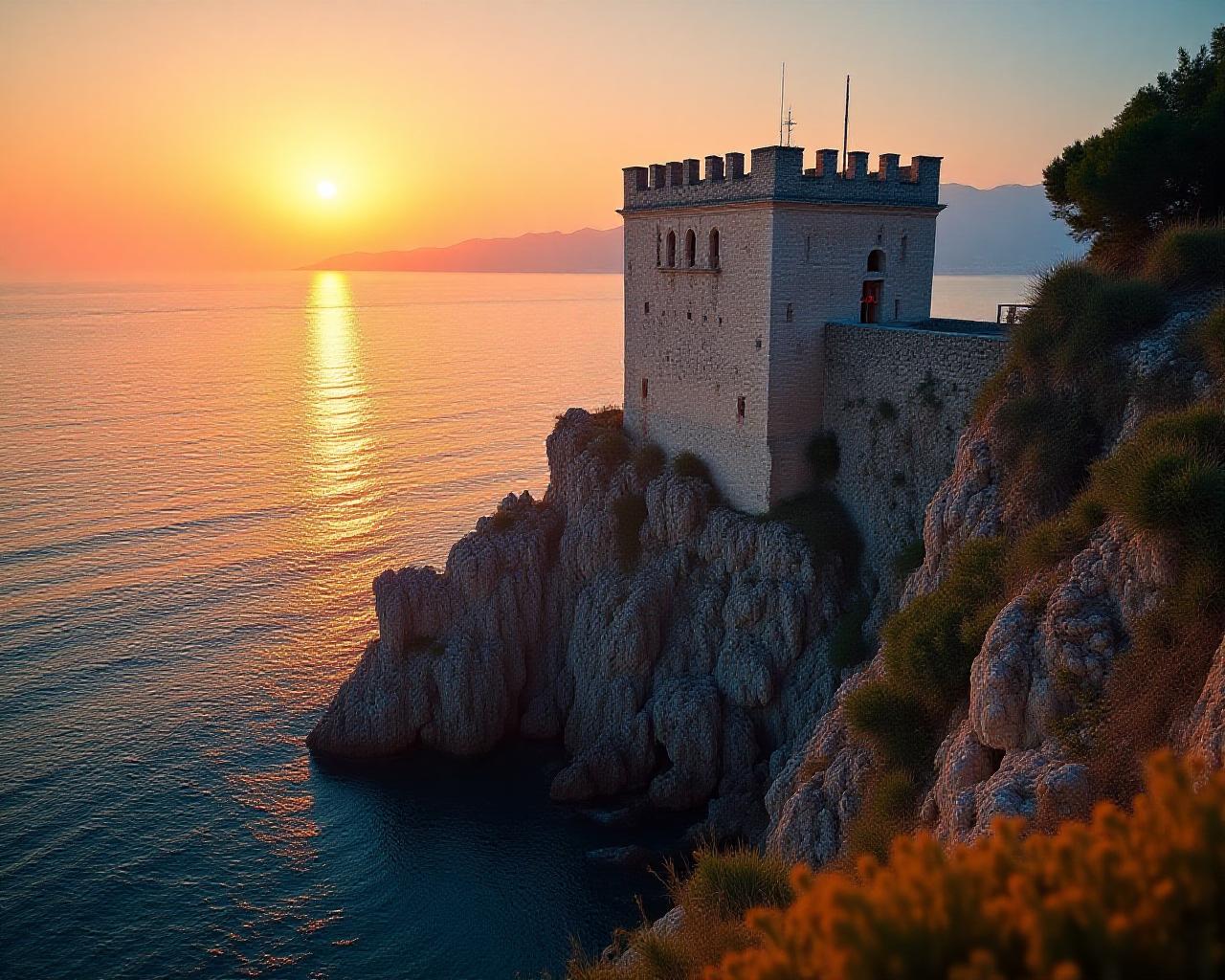 Veduta aerea delle torri costiere romane al tramonto